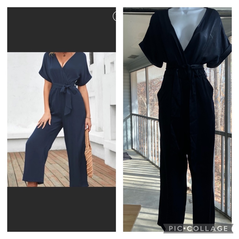 SHEIN ‼️ Deep V-neck, Wide Leg Belted Jumpsuit